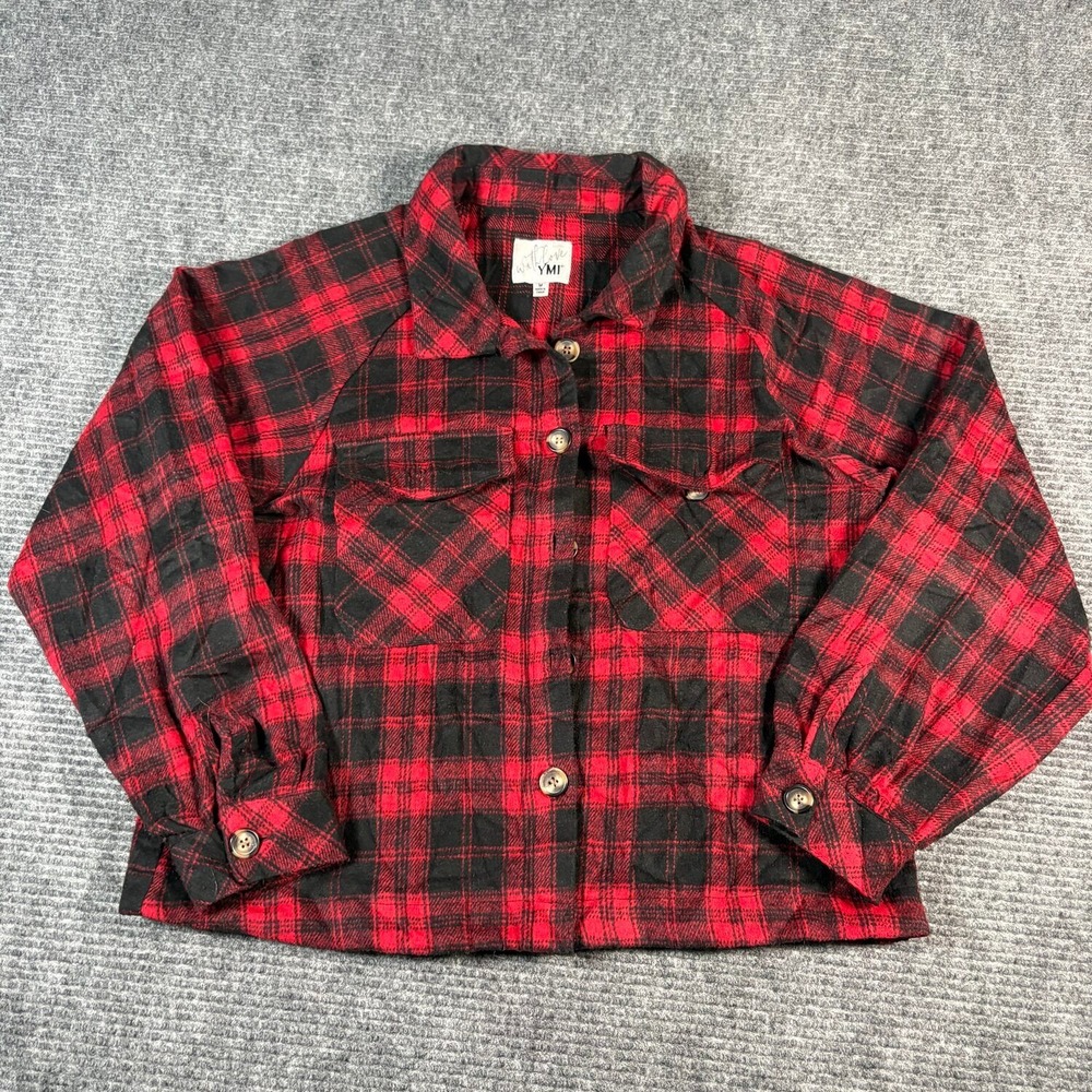 With Love YMI Shacket Womens Medium Red Excellent Plaid Cropped Button Flannel